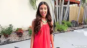 Tony Cameron, Tony Rubino And Cameron Canela In Cute Brunette In Pink Dress Gives Dude A Deep Blowjob