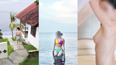 Infinity pool seduction in a colorful bikini tease