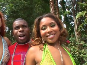 Two curvy black bitches share one black cock by the pool
