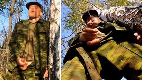 Russian SOLDIER in the forest JERKING off a military dick