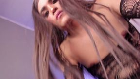 Colombian Trans Rubs Her Erect Penis Between Crossed Pantyhose