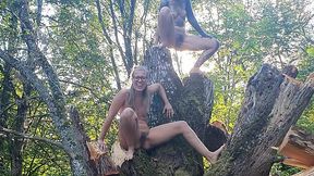 Two german MILF nymphs pee on a tree in the woods while no one's around