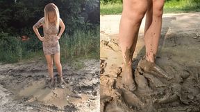 Blonde walks through the ankle deep mud barefoot