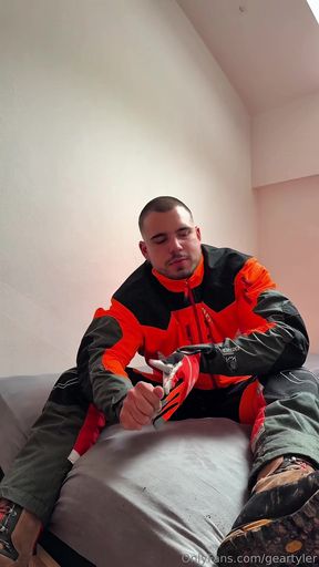 Tyler Blake HiVis workwear, muscle flex, dildo play, jerking off in gear.