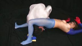 Smoking hot girls in spandex costumes are having a ffm threesome, with one of the neighbors