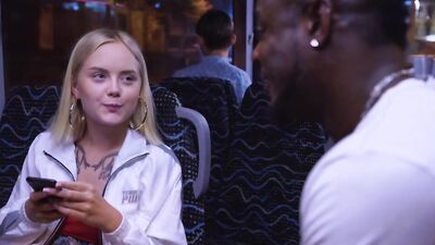 Petite blonde seduced in a public transport into an interracial spitroast threesome