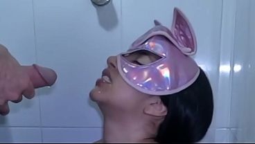 Petite brunette Luna takes a sip of dude's urine and licks his ass