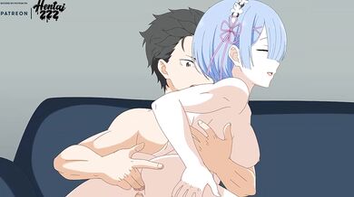 Rem rides hard with Emilia big ass and Subaru big cock