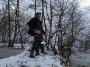 Romantic frozen lake jerking off