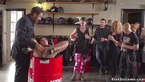 Bound Brunette Humiliated In Bikers Shop With Melody Petite