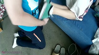 Two teen guys play footjob with jizz on feet