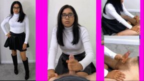 eRica shows us how she gives a handjob & blows bubbles while wearing a white turtleneck and leather skirt!