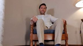 Gio wearing blue thin cotton socks and loafers
