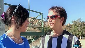 Lucky Referee Feeds A Gorgeous Brunette Cheerleader His Hot Cum