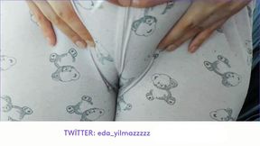 German MILF plays with her big natural tits in pajamas