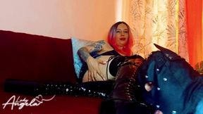 Lady Angela Male Submissive Kneels on the Floor and Licks Black Pvc Thigh High Boots Bot Worship Boot Domination Heels Sucking