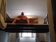 Hairy bear hidden wanking with heavy balls stretching weight and massive cumshot