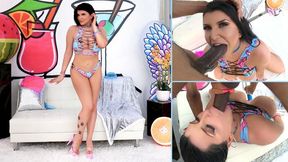 Brunette with big boobs Romi Rain sucks a long black penis on the camera