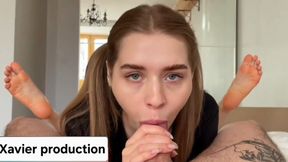 One of the best blowjob that make so beautiful and horny blonde and after make also so good footjob and fuck until him comes inside her mouth 💦💦💦