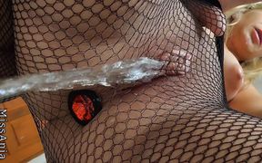 Petite Amateur Blonde Pissing in Black Fishnets/pov