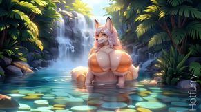 Furry beautiful girls relax in water near waterfall (Ai models)