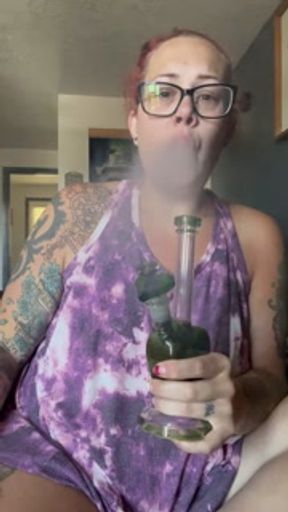 BBW stepmom MILF wake and bake smoking fetish bong rips with coughing your POV