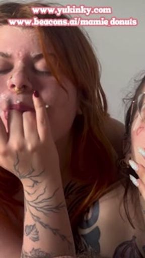 She licks his face full of cum - POV amateur French alt facial threesome cumshot redhead