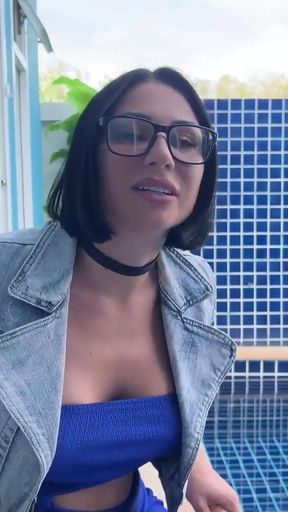 Hotwife MILF Seduced Stranger at Hotel Pool in Blue Dress & Swallowed His Cum