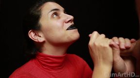 CFNM - Red Turtleneck, Black Lips - Handjob + Cum Mouthful + Cum on Clothes