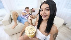 Luna Bunny bounces her big ass on his cock on the cream couch by the window