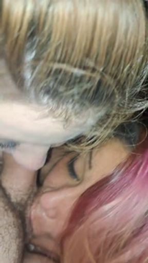 Here me and another latina are sucking his dick together.