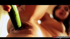 Babe orgasms while using cucumber