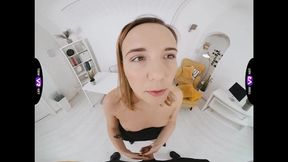 Dark-haired beauty sucks cock for job - VR