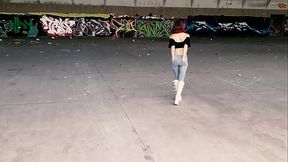Walking and Teasing in my White PVC Buckle Boots and Jeans