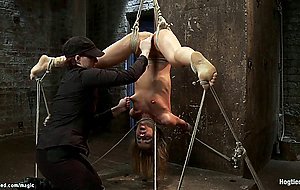Blonde in upside down hogtie opened