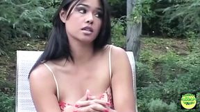 A sizzling Asian babe gets ravished in stilettos and a skimpy bathing suit