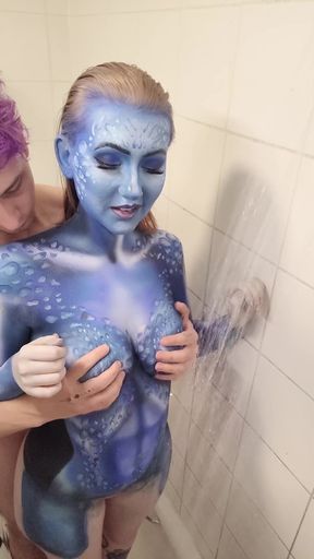 X-men Mystique Body Paint Shower Removal &amp; Fucking