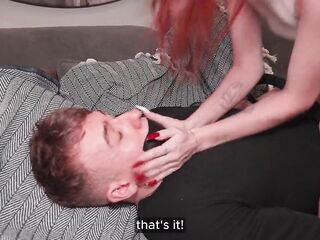 Fiery Ginger Dominates and Rides Sub's Hard Penis