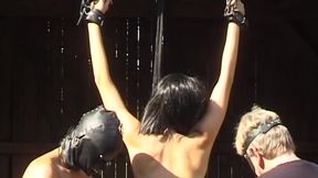 Bound Brunette MILF Shared by Two Masked Studs