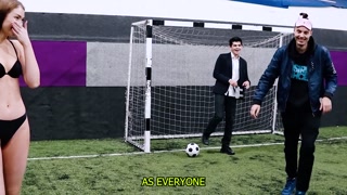 A daring penalty kick striptease on the football field! YouTuber made a strip game!
