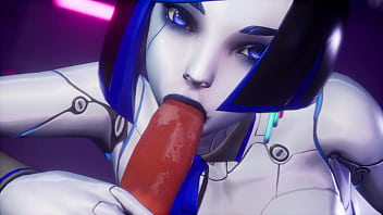 Blue-haired android girl gives a sensual blowjob in a sci-fi setting