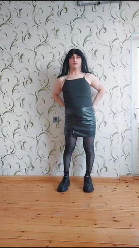 Pretty Gothic Princess Femboy in Leather Skirt and Hot Tights Sweet Attractive Body