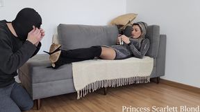 Princess Scarlett Blond and Mr Pine - Sexy Cuckold Condom Lick - Scarlett Makes Cuck Worship Her Feet and Boots and Swallow Two