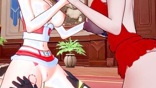 Genshin Impact hentai/Christmas unique/ Lisa And Rosaria 3Some