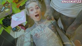 Tattoo model Anuskatzz gets nipple piercings while anal fuck hardcore extreme rough sex BDSM fetish