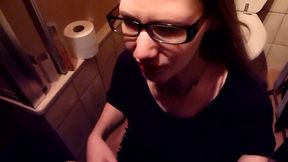 Nerdy librarian with glasses loves to drink piss