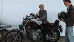 Short-Haired Biker Blonde Girl Licks Very Crooked Penis