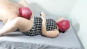 Side View Masked Wife in Plaid Dress Gets Pussy Worship and Intense Cowgirl Real Orgasms