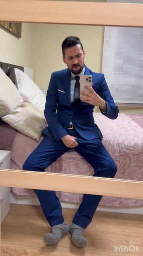 Hot Suited Daddy Jerking off in Front of the Mirror