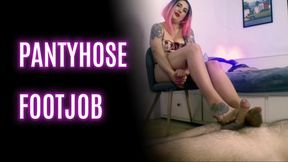 Lady Angela pantyhose footjob to orgasm beige nylon stockings and garter cum on nylon feet